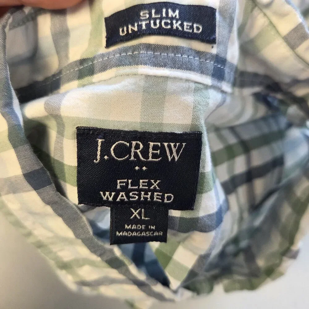 J.Crew Flex Washed Slim Untucked Fit XL Plaid Button Down Shirt Green Blue White